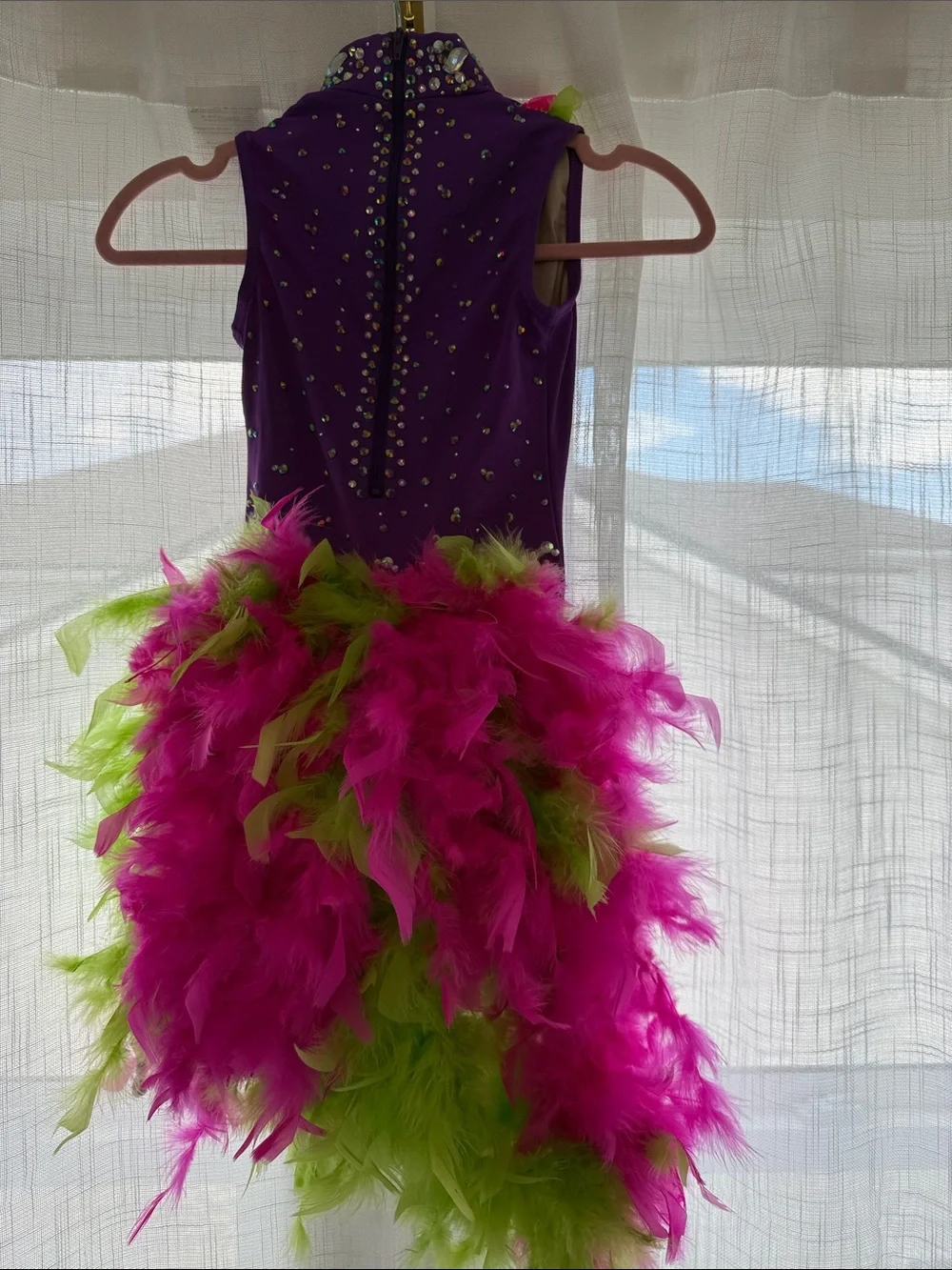 Weissman Purple Dance Costume with Hot Pink & Lime Feather Trim
